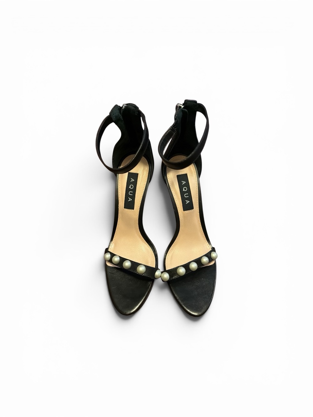 Aqua Black Pearl-Trim Ankle-Strap Heels
